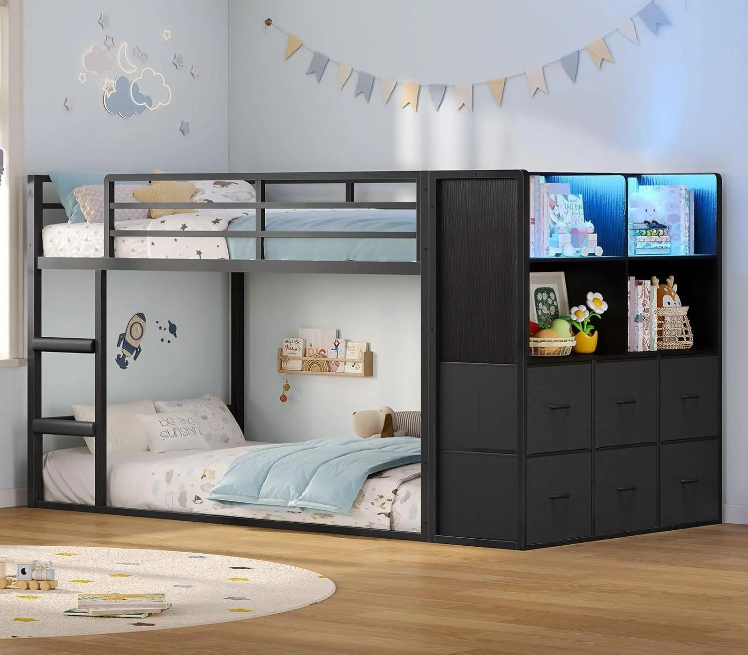 Sikaic Twin Over Twin Metal Loft Bed with Storage Drawers, LED Lights, Open Shelves, Safety Ladder & Guardrail, Black Low Kids Bedroom Furniture Bed Frame