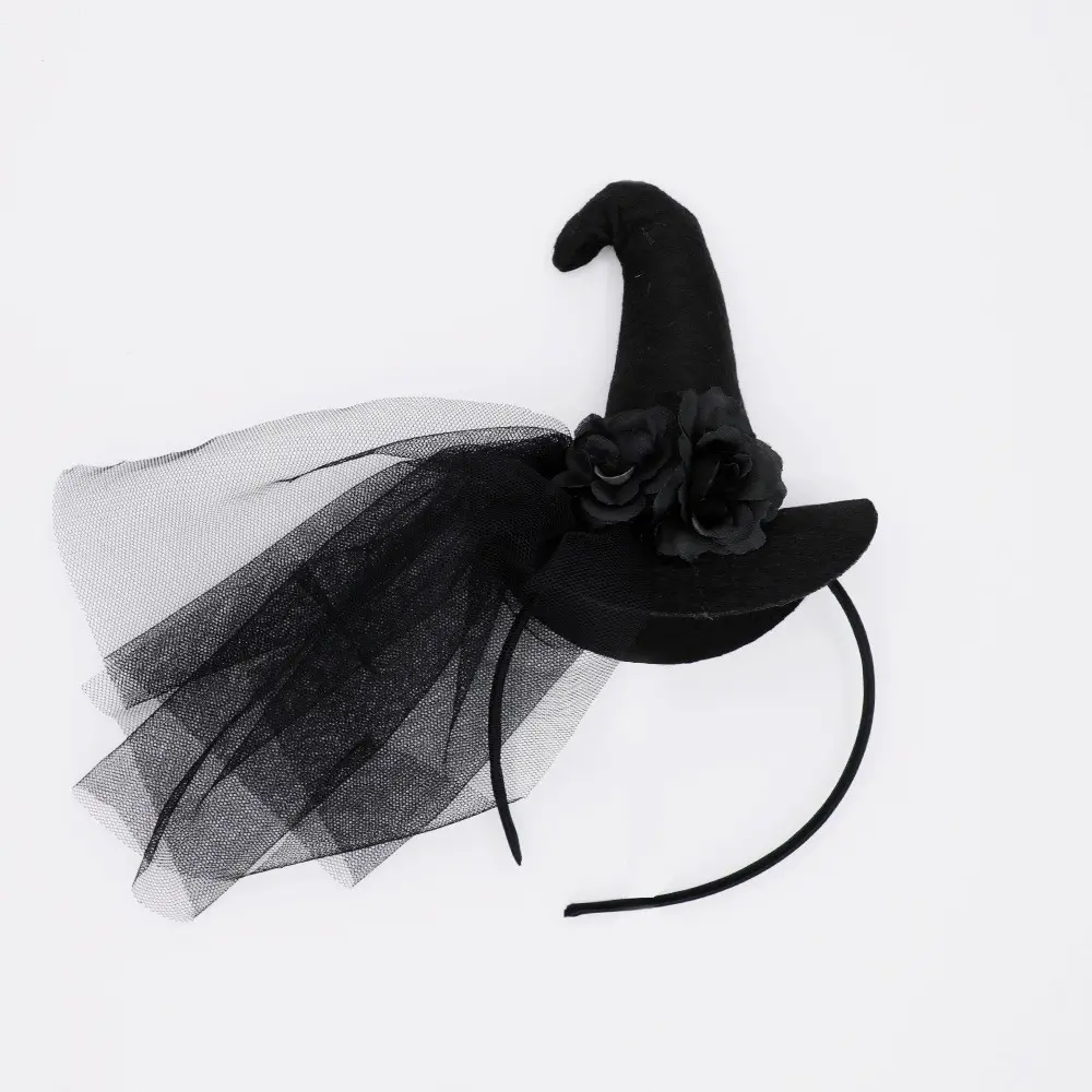 Witch Hat Hairband - Lace Halloween Headpiece with Feather Accent