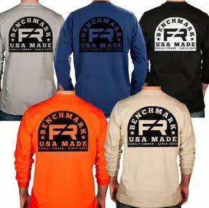 Benchmark Wood Stamp Flame Resistant Long Sleeve Shirt, Men's Graphic Workwear T-Shirt, Long Sleeve Tee clothing IJN