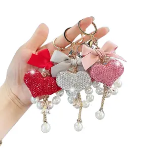 2026 Bow Pearl Chain Keychain – Rhinestone Heart Bag Charm for Women, Elegant Fashion Pearl Bow Pendant Keychain, Luxury Bling Handbag Accessory, Perfect Gift & Daily Decoration