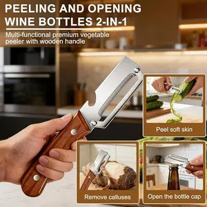 2026 New Vegetable Peeler and Fruit Peeler 2PCS, Rustproof Stainless Steel Blade with Ergonomic Wooden Handle, Multi-Purpose Kitchen Tool for Potato Carrot Pumpkin, Smooth Peeling with Built-in Bottle Opener, Easy Rinse Lightweight for Daily Use