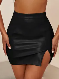 High Waist PU Mini Skirt, Irregular Split Design, Slim Fit, Pure Color, Sexy Style, Perfect for Casual & Party Wear, Womenswear, Slit Hem Skirt