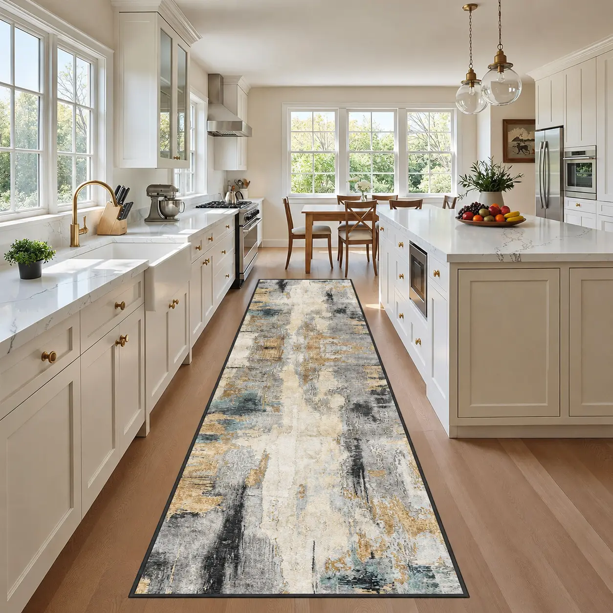 2x10’ Modern Abstract Runner Rug - Washable Non-Slip Printed Thin Distressed Gold & Grey Home Decor Rug for Hallway, Entryway, Abstract Rugs, Home Decor Rugs