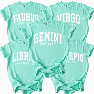 Comfort Colors Astrology Zodiac Shirt, 12 Horoscope Signs Tee, Custom Birth Year EST T-Shirt, Aries Taurus Gemini Virgo Libra Scorpio Aquarius Pisces Gift, Trendy Aesthetic Casual Wear, Chalky Mint Color