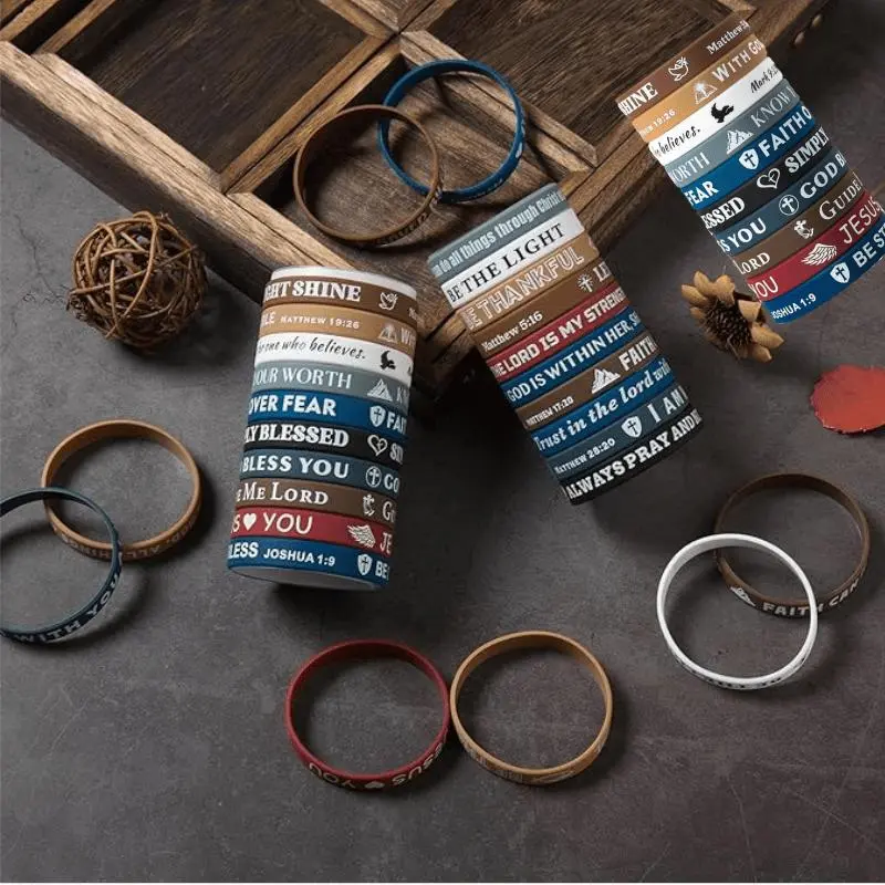 Religious Bible Verse Silicone Bracelet Set - 20-Piece Casual Letter Wristbands, Inspirational Faith Bangles, Birthday Gift Ideas for Men, Women, Teens, Letters, Unique Prints, Standard Size