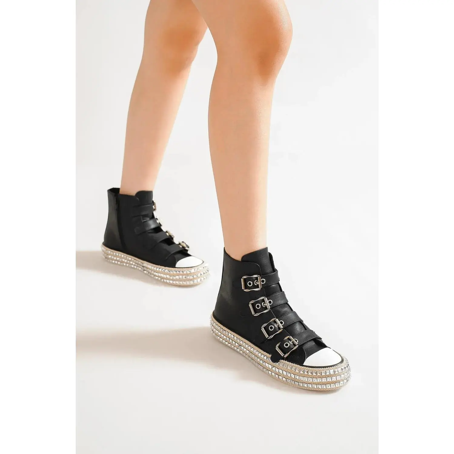 Beast Women's Punk Rock Platform Sneakers, Edgy Studded PU Trainers with Multi-Buckle Straps, Shoe, Punk Style, Casual, Walking Shoes, Everyday, No Heel, Footwear, Statement Shoes