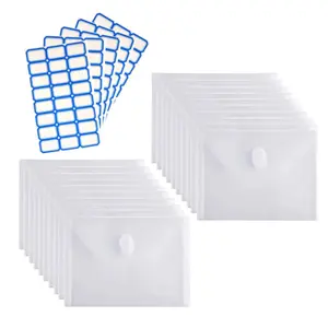 Pack of 20 Small Plastic Envelopes Receipt Check Storage File Holder Case with 5pcs Stickers Kit, Hook & Loop Closure Fits Perfectly in Purse/ Small Bags/ Note Books