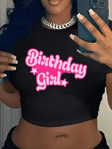 Women's "Birthday Girl" Letter & Star Print Round Neck Crop Tee, Casual Short Sleeve Crew Neck T-shirt for Summer, Fashion Women's Top for Daily Wear, Womenswear, Lady