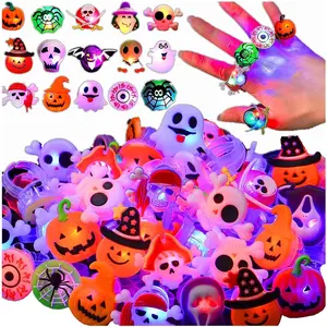 Light Up Rings 50Pcs Halloween Party Favors Multi-Color Flashing Stretchy LED Rings for Kids & Adults Funny Christmas Gift Spooky Pumpkin Skull Rings Goodie Bag Stuffers Scene Accessories