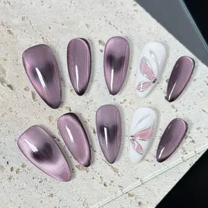 10pcs Handmade Press On Nails Acrylic - Almond Fake Nails Medium Length Almond Purple & White Nails, Handcrafted 3D Flower & Rhinestone Decor Romantic Elegant Style, for Dating & Special Occasions with Jelly Glue & Nail File