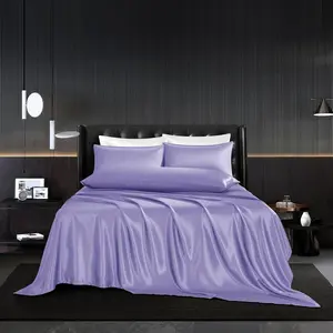 5Pcs Lavender Silk Queen Size Bedding Set with 1 Flat Sheet, 1 Deep Fitted Sheet, 3 Pillowcases with Envelope Closure