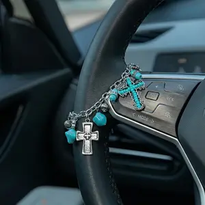 Western-Style Faux Turquoise Inlaid Car Pendant, Car Interior Decorative Trendy Steering Wheel Decoration, Perfect Holiday Birthday Gift