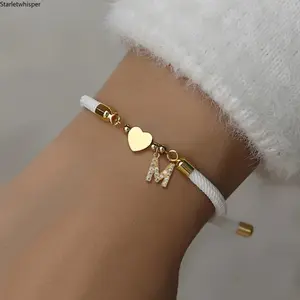 Retro Adjustable Rope Bracelet, Heart Initial Letter Charm Wrist Jewelry, All-match Fashion Accessory for Women Daily Wear