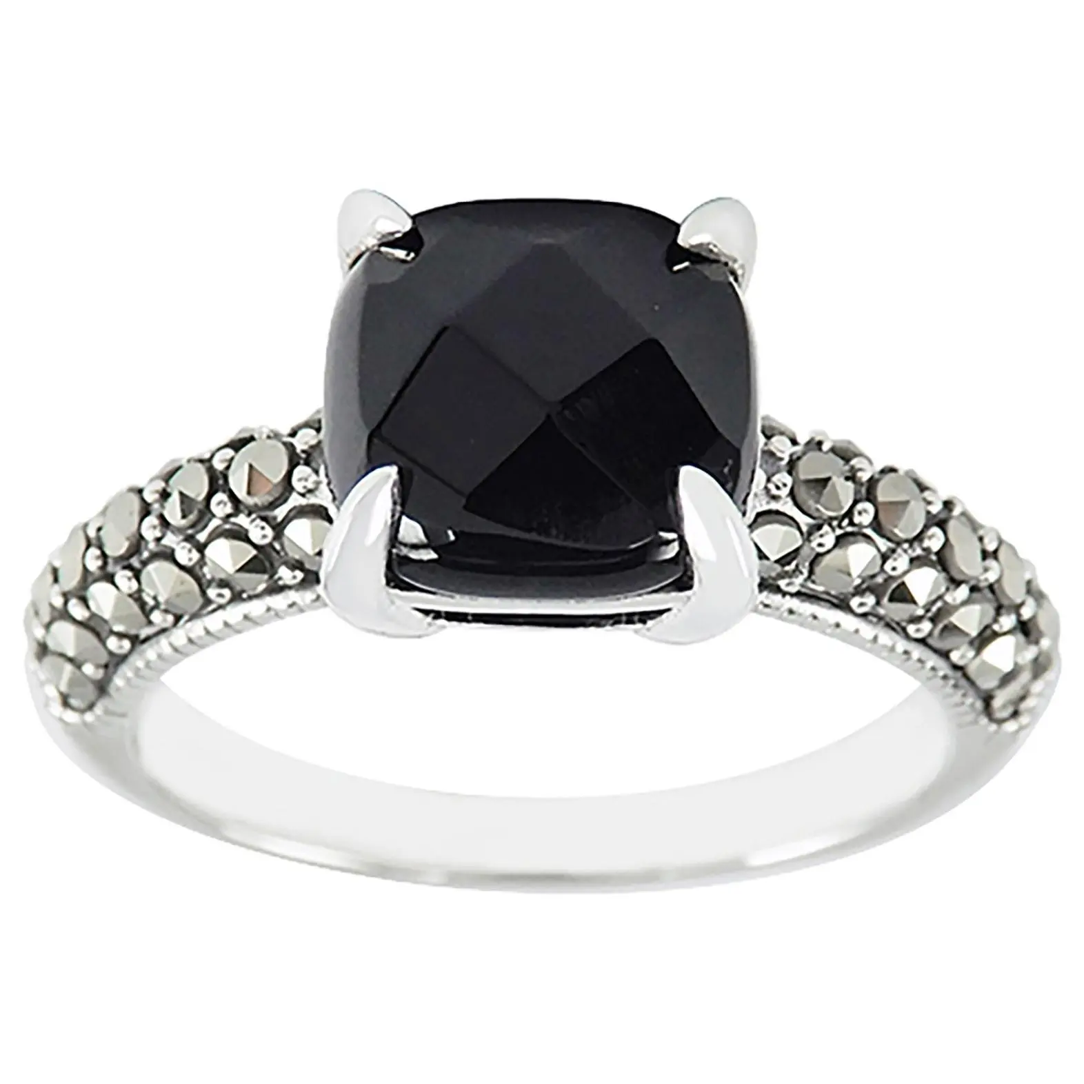 Suspicion Sterling Marcasite & Cushion Cut Onyx Ring