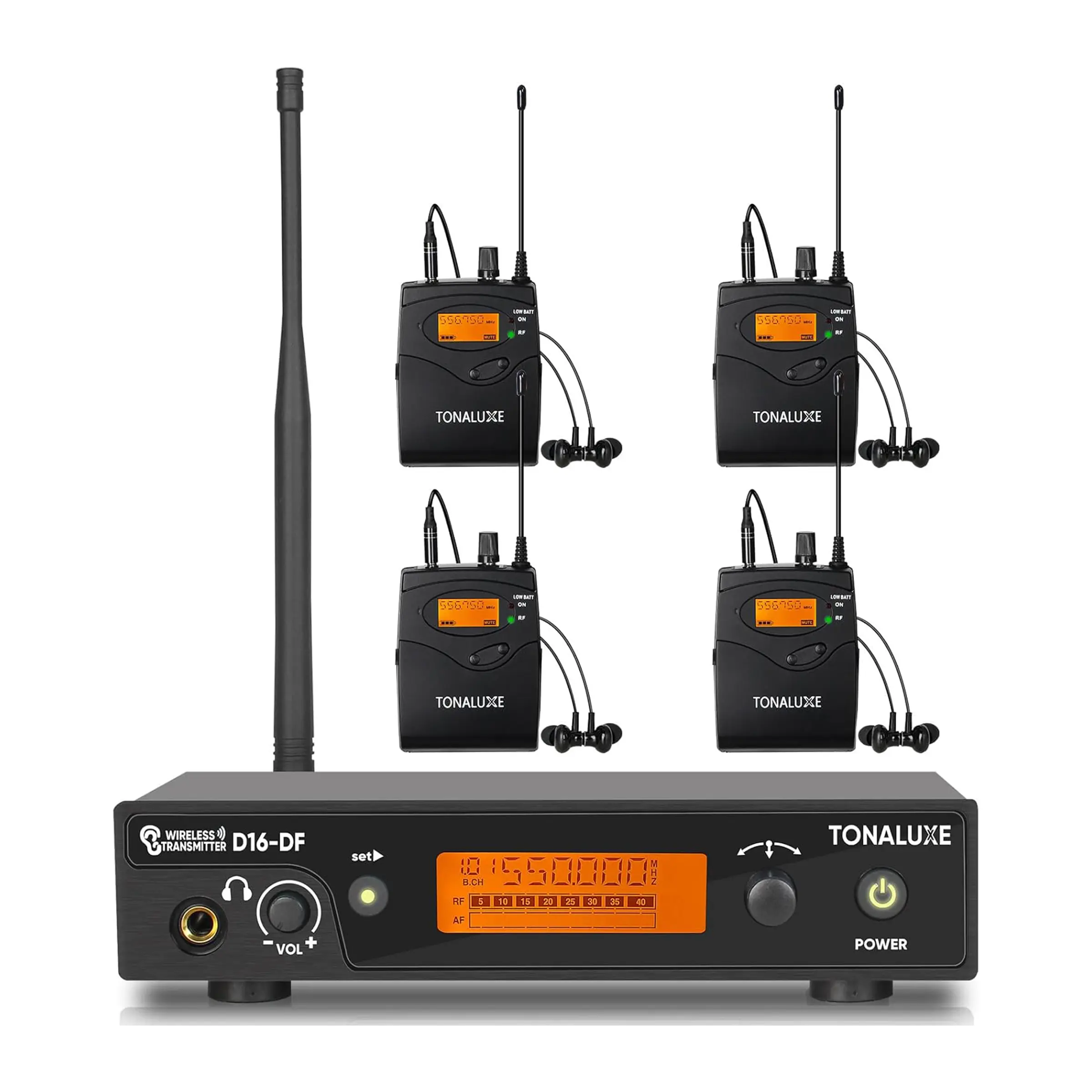 Wireless in Ear Monitor System, Mono IEM System with Metal Rackmount Transmitter, 4 Pack UHF Bodypack Receivers w/Earphones, 100 Adjustable Frequencies, 262ft Range for Singers Bands