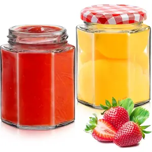 Hexagonal Glass Jam Jars with Red Gingham Lid - 280ml/9oz Airtight Containers for Pickling, Chutney, Coffee, Jam Storage - Set of 2 Clear Preserve Jars