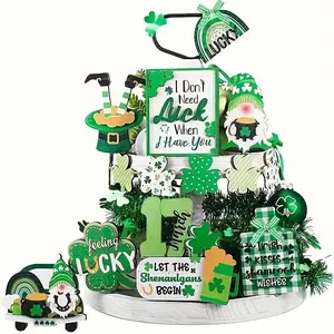 St Patrick's Day Themed Tiered Tray Decoration without Tray, 12pcs/set Lucky Clover Themed Decoration, Home Decor for Living Room Office, Ornaments
