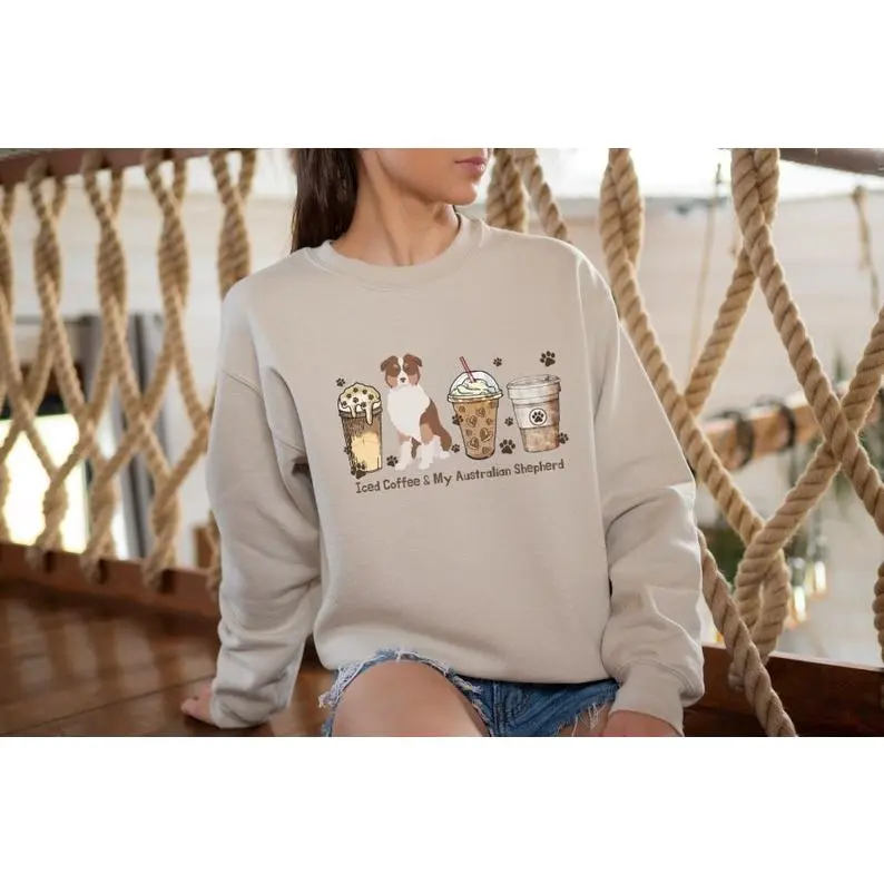 Iced Coffee and My Red Tri Australian Shepherd Crewneck Sweatshirt | Aussie Mom Shirt | Dog Gifts | Dog Mama Sweater | Aussie Gifts for Her