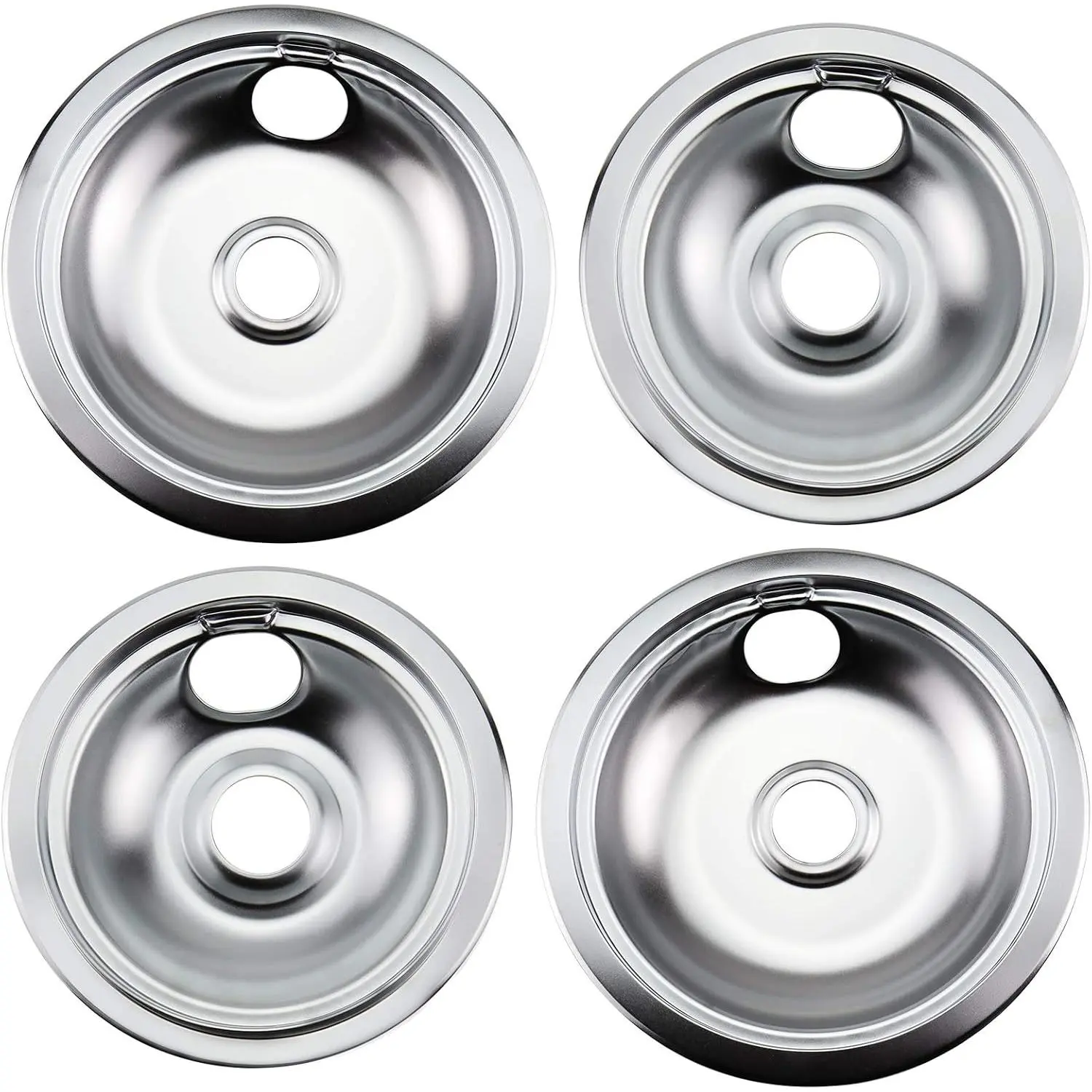 316048413 & 316048414 Chrome-Plated Steel Electric Stove Burner Drip Pan Kit, Stovetop Replacement for Frigidaire Kenmore Electric Range Top with Locking Slots, Includes 2 6-in & 2 8-in Size Pans, Silver