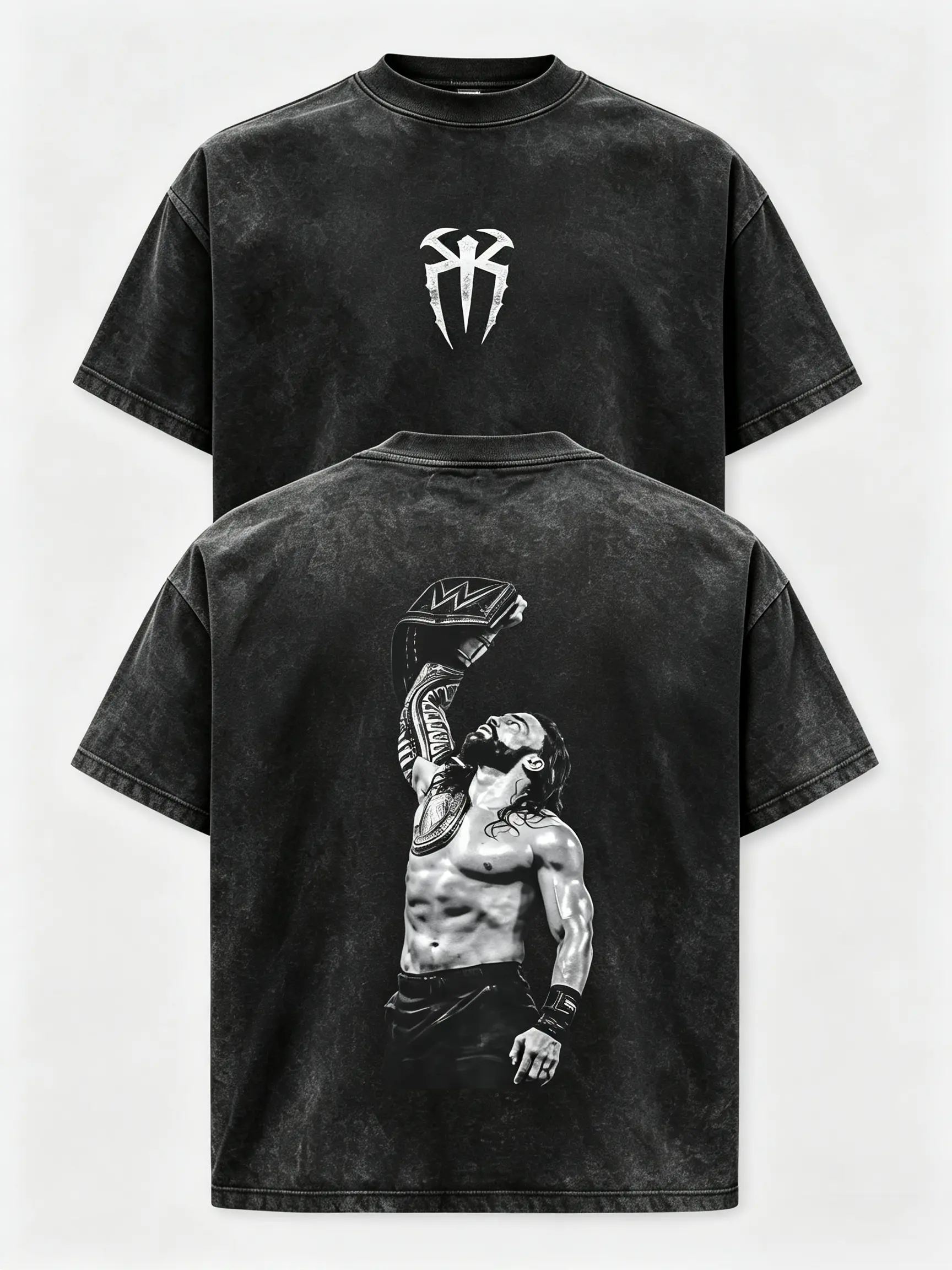 Roman Reigns Tribal Chief Menswear Oversized Cotton Round Neck Short-Sleeve Top - Vintage Acid Wash, Tribal Spider Front, Black-White Championship Portrait Back, Distressed, Unisex, Streetwear, Wrestling Tee Gift For WWE Fans