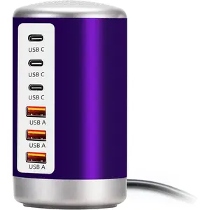 F-APT13  60W USB Charging Station with 6-Port (3 USB-A & 3 USB-C) for iPhone 12/13/14, Tablets & Smartphones - Purple