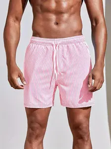 Men's Striped Beach Shorts, Summer Quick-Dry Casual Swim Trunks, Swimwear Shorts, Breathable Lightweight Design, Vertical Stripes, Comfortable Drawstring Waist