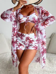 Women's Plants Print Bikini Set, Long Sleeve Open Front Cover Up & Swim Shorts & Drawstring Swim Top, Casual Summer Swimwear Set for Beach Holiday Vacation, Swimsuit Women