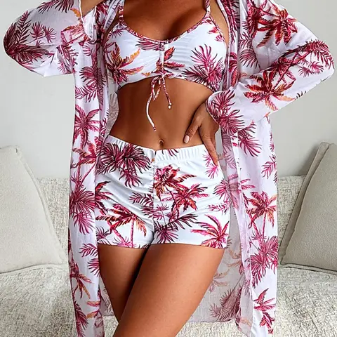 Women's Tropical Plant Print 3-Piece, Drawstring Swim Top & Swim Shorts with Long Sleeve Open Front Cover Up, Casual Summer Bathing Suit for Beach Holiday Vacation, Plants Print Bikini