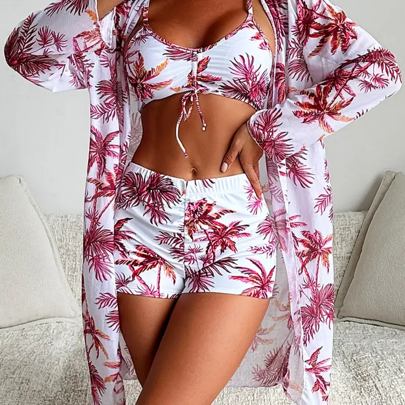 Women's Tropical Plant Print 3-Piece, Drawstring Swim Top & Swim Shorts with Long Sleeve Open Front Cover Up, Casual Summer Bathing Suit for Beach Holiday Vacation, Plants Print Bikini