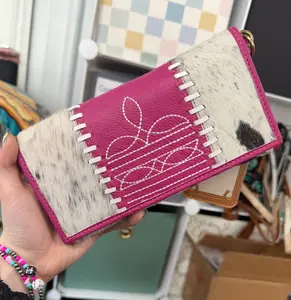 Genuine leather & cowhide boot stitch wallet with wristlet and crossbody strap- Pink