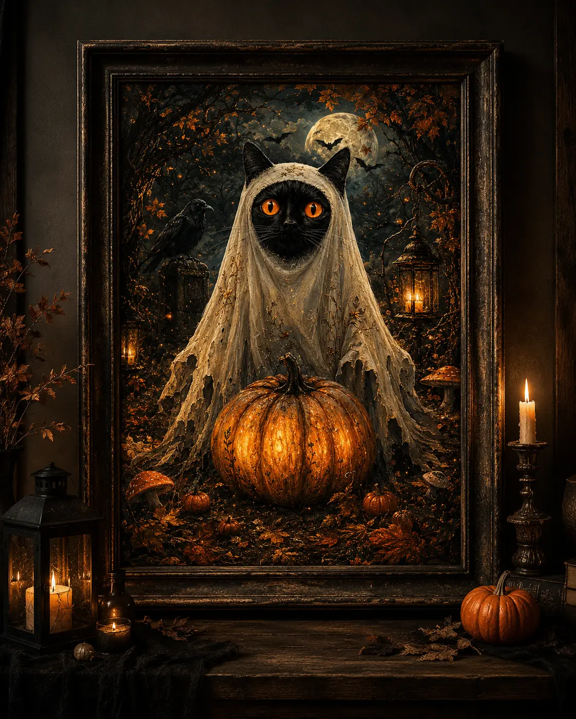 Spooky Ghost Black Cat & Pumpkin Poster – Cute Halloween Wall Art