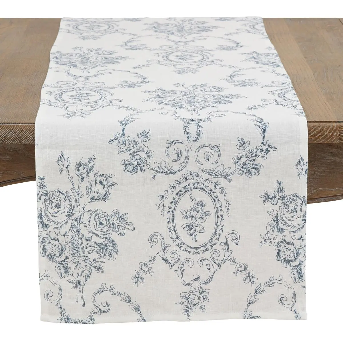 SARO Linen Fabric Table Runner, 16x72 in Rectangle, Indigo Floral Print, for Classic Household Kitchen Textile Decor