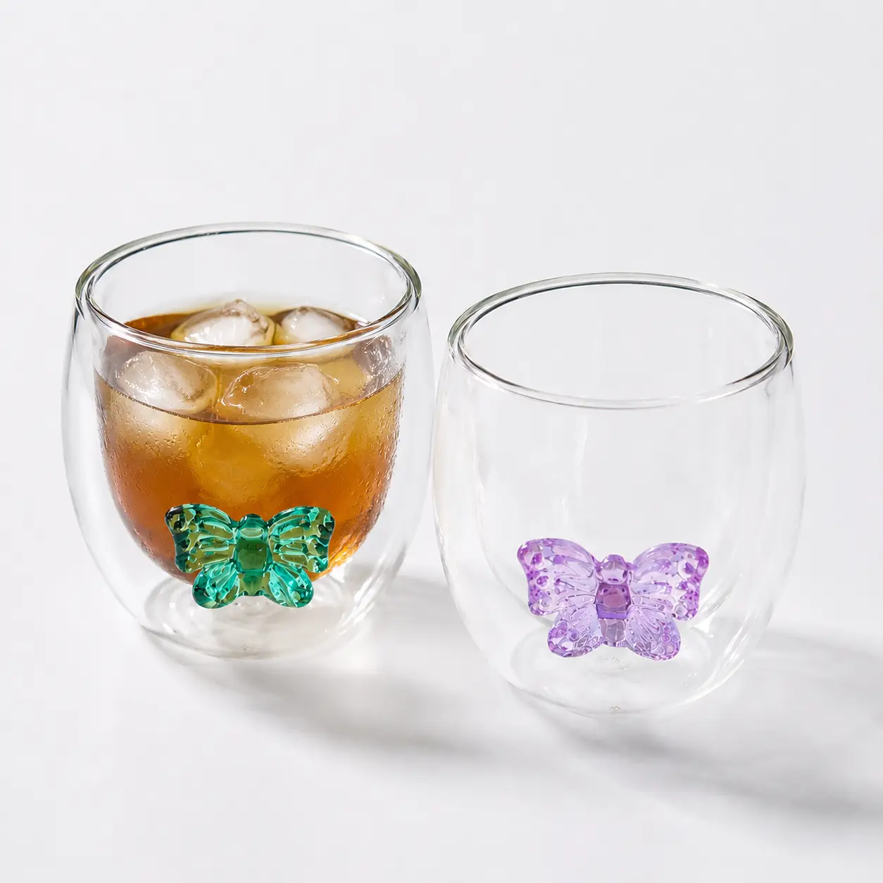 Aesthetic 2-Pc Double Wall Insulated Butterfly Glass Tumblers, Cute Handmade 3D Butterfly Iced Coffee Drinkware, Gift for Her