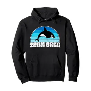 s Team Orca Whale Orcas Retro Distressed Hoodie - Orca Whale & Killer Whale Logo Print, Black with White & Blue Orca Pod Design, Casual Sweatshirt for Marine Life Fans, Machine Washable