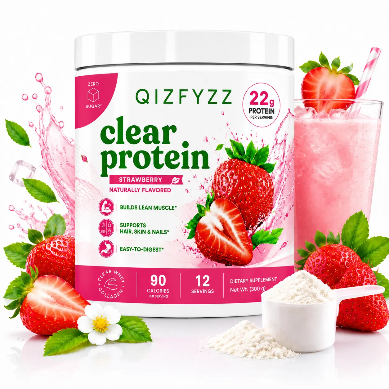 Clear Whey Protein Isolate Powder, 22g Protein per Serving, with Collagen Peptides & Digestive Enzymes, Sugar Free, 90 Calories, Post Workout Recovery Drink Mix, Strawberry Peach Flavor
