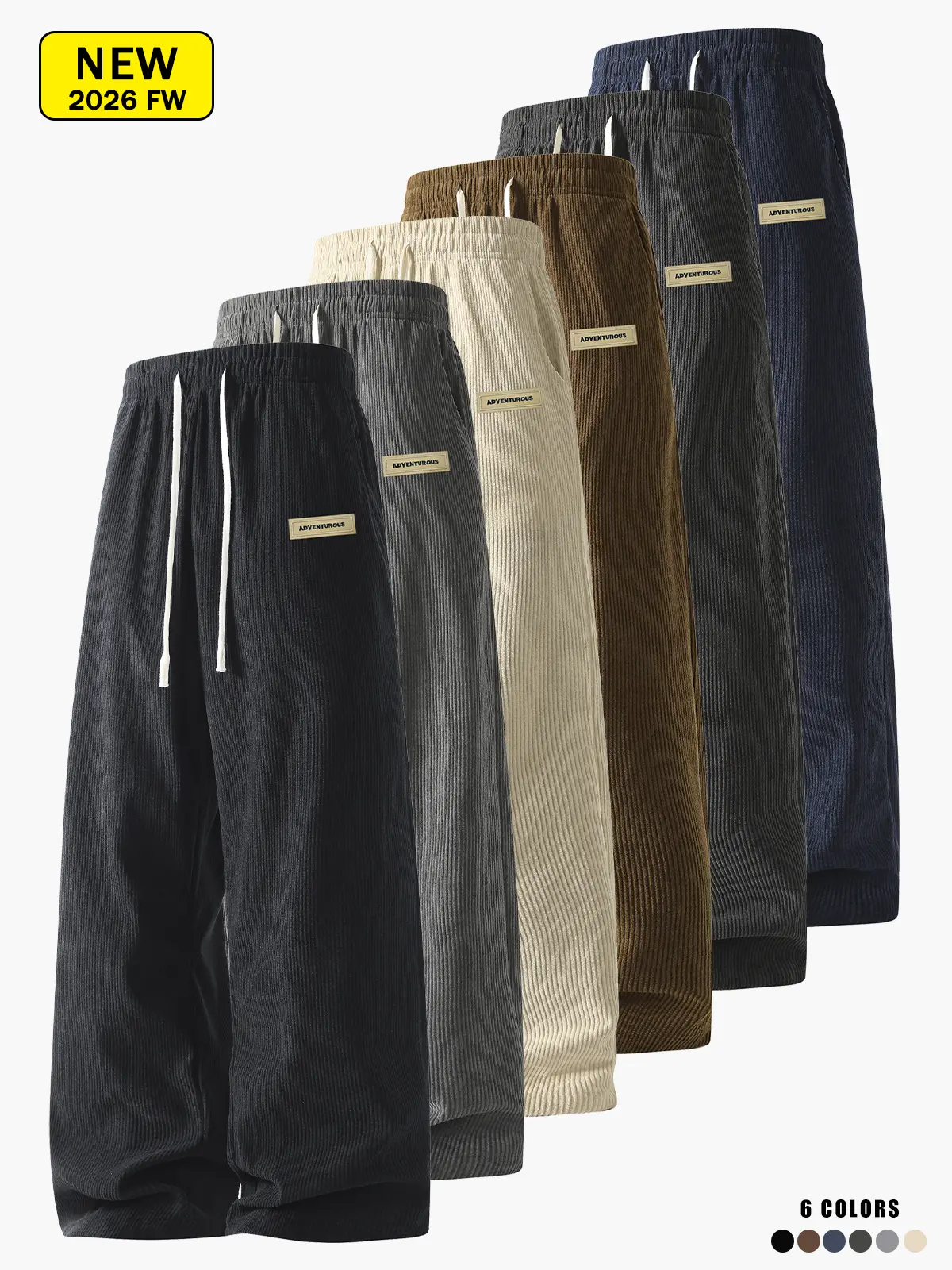Unisex Corduroy Baggy Wide Leg Pants, Vintage Streetwear Drawstring Elastic Waist Trousers with Label Patch Detail