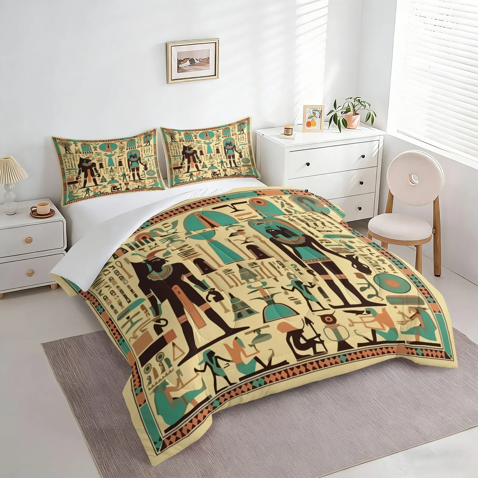 2/3Pcs Ancient Egyptian Hieroglyphics Comforter Set, Pharaoh Gods Print Quilt with Pillowcases, Vintage Tribal Egyptian Style Bedding Set, Soft Cultural Aesthetic for Women Men Adults Bedroom