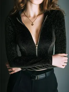 Women's Velvet Sequins Zipper Fitted Long Sleeve Top, European Style Streetwear, Velvet & Fine Sparkle, Evening, Womenswear