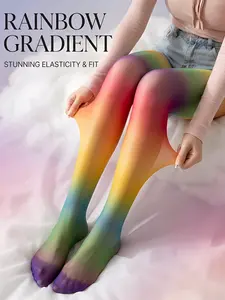 20D Rainbow Gradient Stockings, Sexy Versatile Multicolor Tights, Fitted Casual Style, Spring & Fall Wear, Plain Pattern, Women