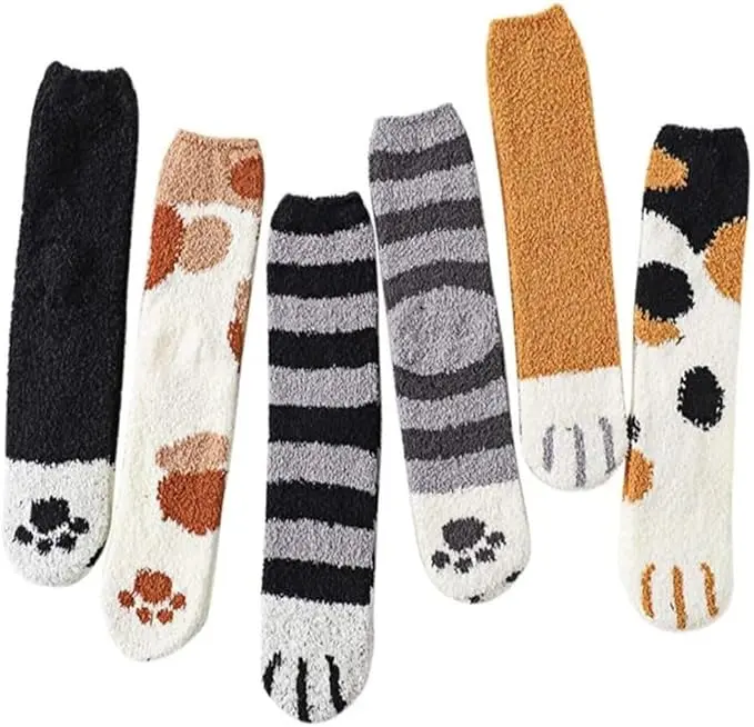 Socks for Women 6 Pairs Warm Fluffy Winter Stocking Soft Cute Cat Animal Socks