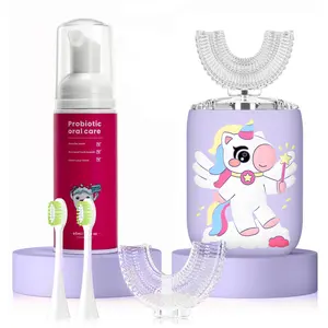 Kids Electric U Shaped Toothbrush Unicorn Rechargeable Sonic Toothbrush with 4 Soft Brush Heads & Kid Toothpaste IPX7 Waterproof Oral Cleansing Pink