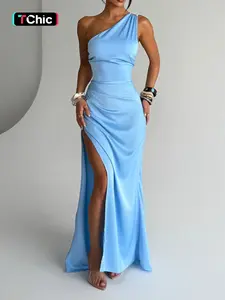 Elegant Formal Satin Asymmetrical Neckline Dress, Slim-Fitting Plain Design with Slit, Perfect for Special Occasions, Women's Fashion Apparel, Formal Wear, Womenswear