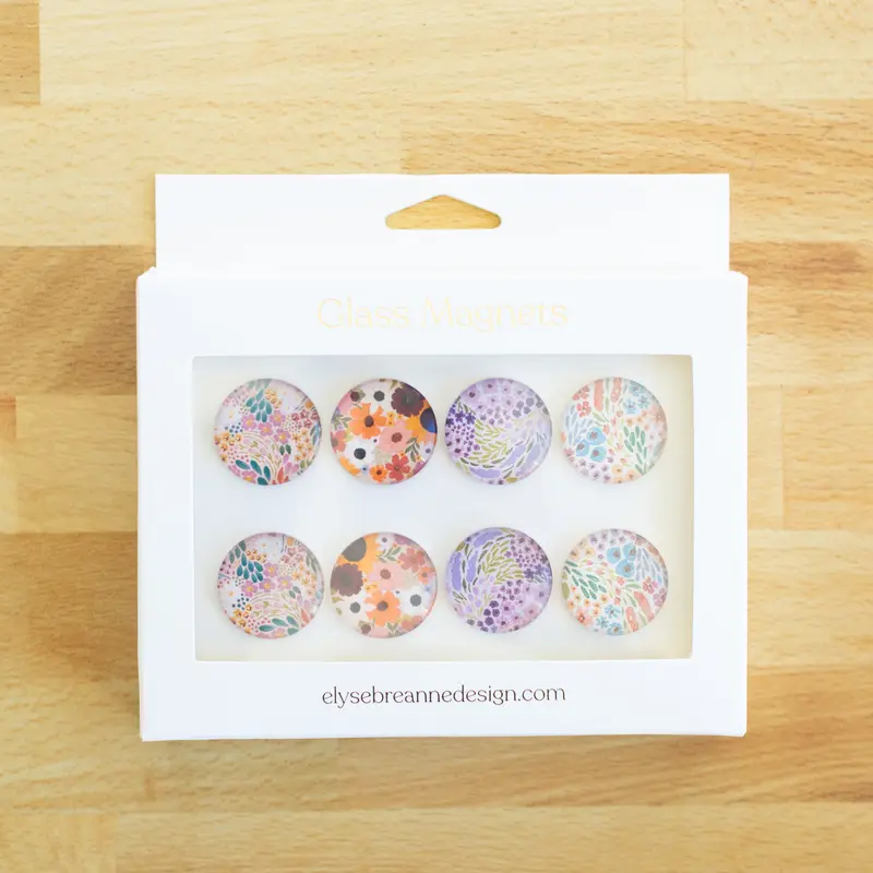 Elyse Breanne Design Glass Fridge Magnets Set - 8-Piece Round Floral Patterns Set with 4 Designs, Decorative Accents for Home Kitchen Room Decor, Collect All Magnets