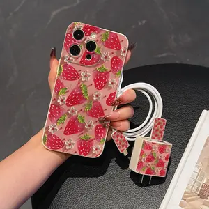 5 Piece Set Vintage Strawberry Phone Case, Charger Protector, Cable Organizer, Anti-Drop Tpu Cover for iPhone Models, Perfect Gift