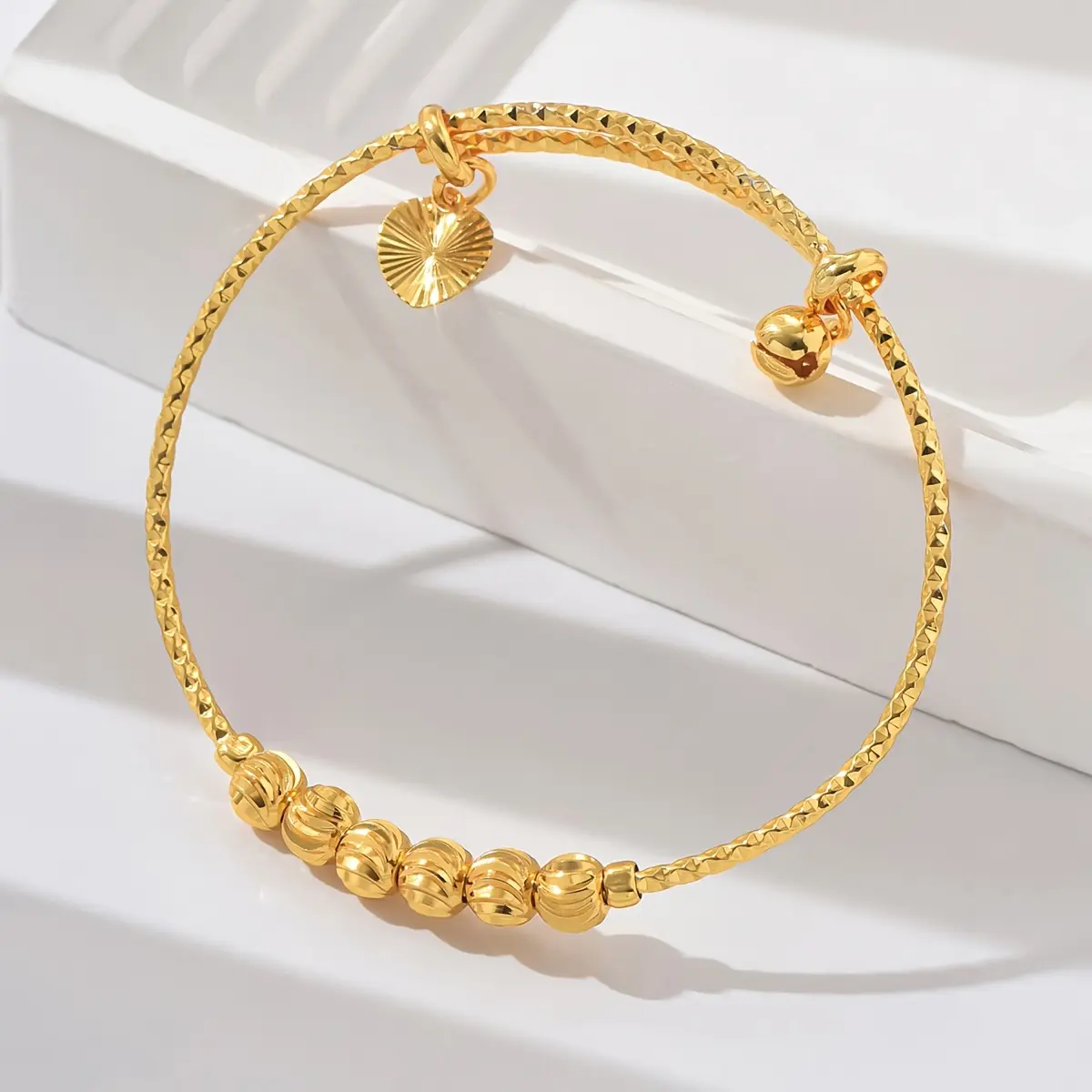 Women's 4-Pc 24K Gold Tone Plated Heart Bead Bangle Set - Adjustable Push-Pull Clasp, Adjustable Beaded Design, Boho Stacking Bracelet, Daily Wear, Birthday & Anniversary 4-Pc Gift Set