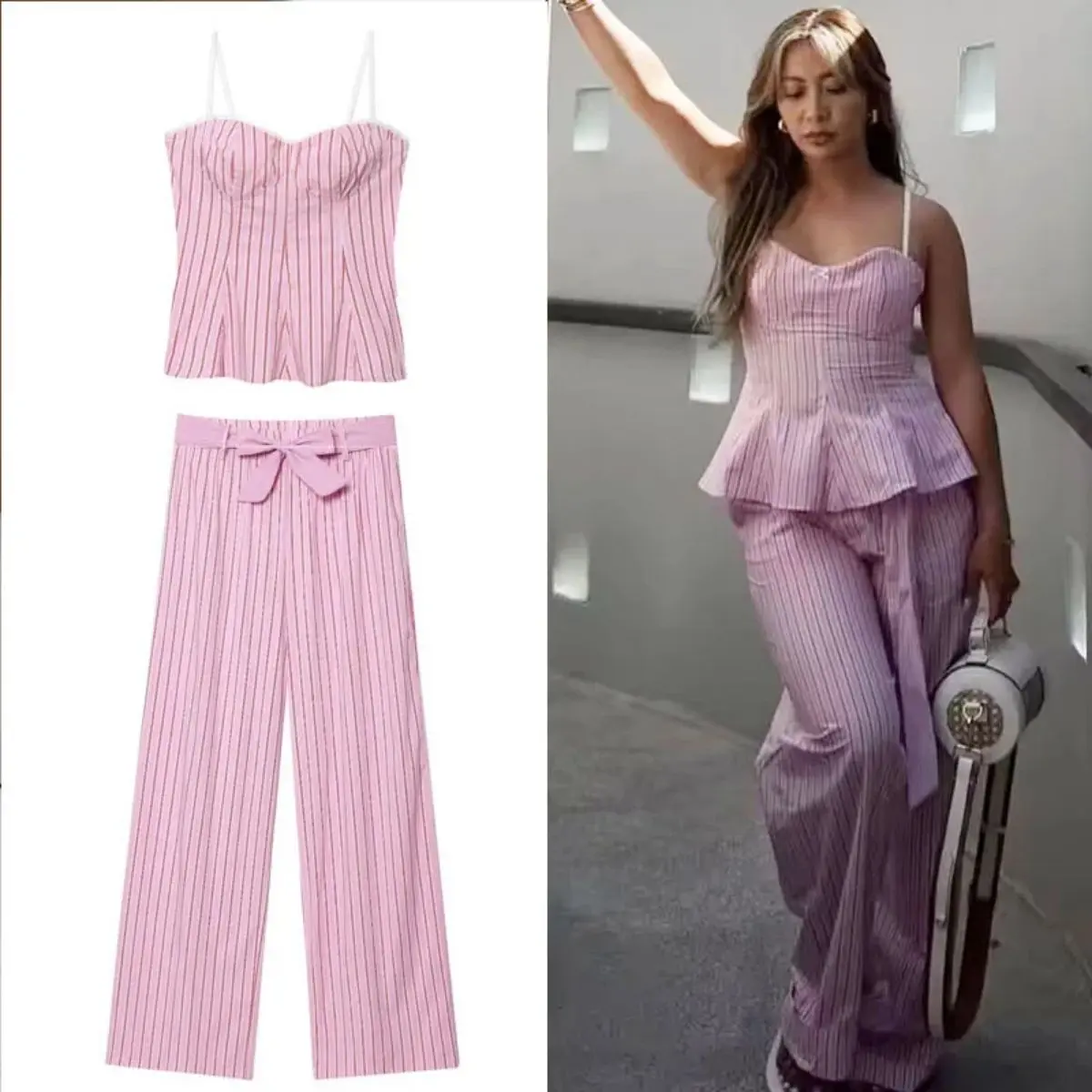 Aria Muse Summer Women's Two Pieces Set New Pink Striped Open Back Halter Top Pant Sets Crop Zipper Top With Lace Casual Women's Suit