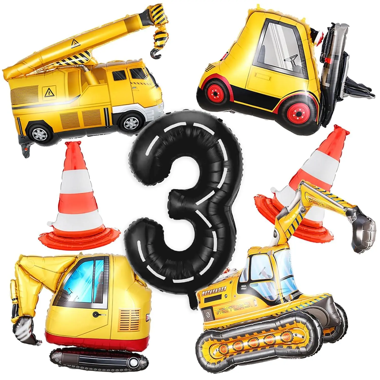 ‌9Pcs 3Rd Construction Birthday Decorations For Boys With 4D Excavator Balloons Truck Balloons 40In Number 3 Balloon For Construction Themed 3 Year Old Birthday Party Supplies Birthday Baby Shower