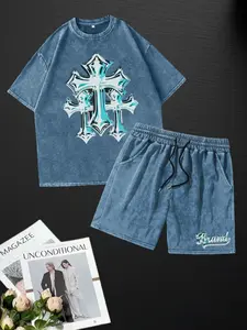 Two-Piece Set Men's Cross Print Short Sleeve Tee & Denim-effect Print Shorts Set, Regular Fit Casual Round Neck T-shirt & Track Shorts, Men's Spring & Fall Clothes