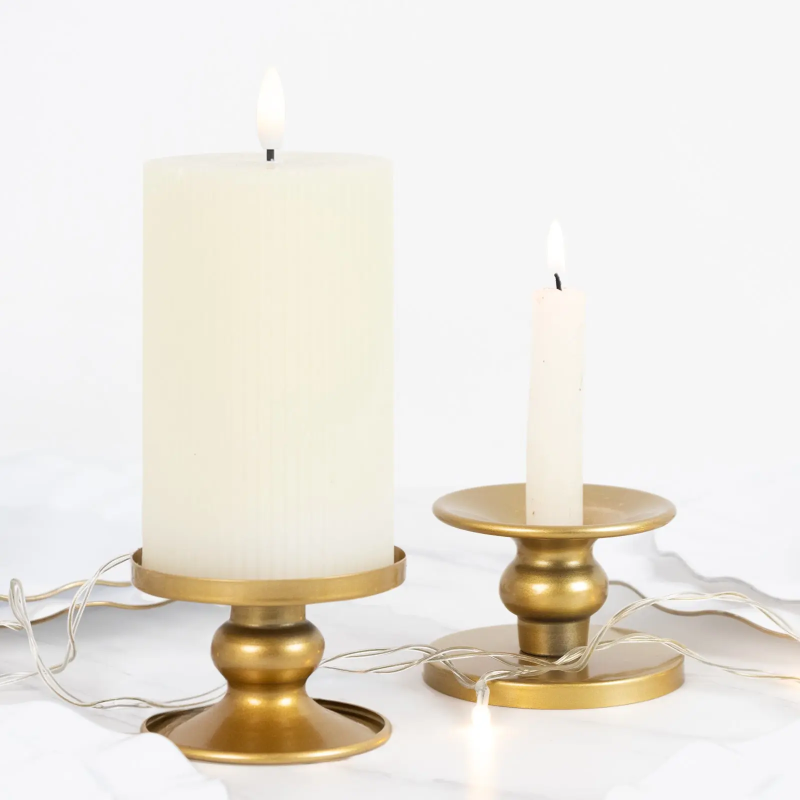Gold Metal Candle Holder Decor 6-Pack - 2 in Reversible Pillar & Taper Candlestick Stands, Home Supplies for Shop, Birthday, Home Decor, Garden