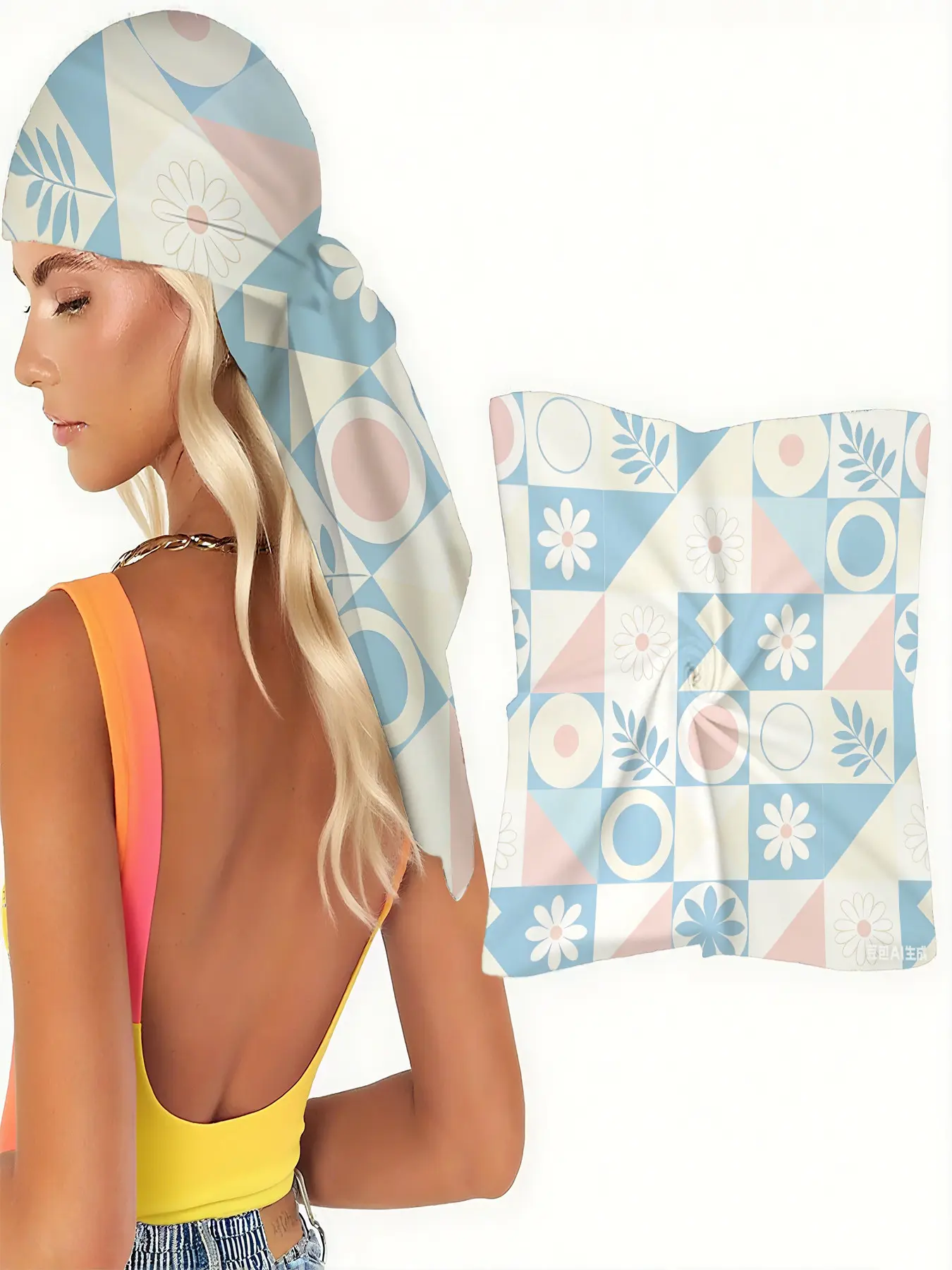 Scarf for Hair, Head, Neck and Handbag- Scarves for Women with Light Blue, Pink, Cream & White Daisy Geometric, Versatile Shawl Mid - Century Modern Pattern, Perfect as a Bandana for Spring Brunches, Garden Parties & Casual Feminine Outfits